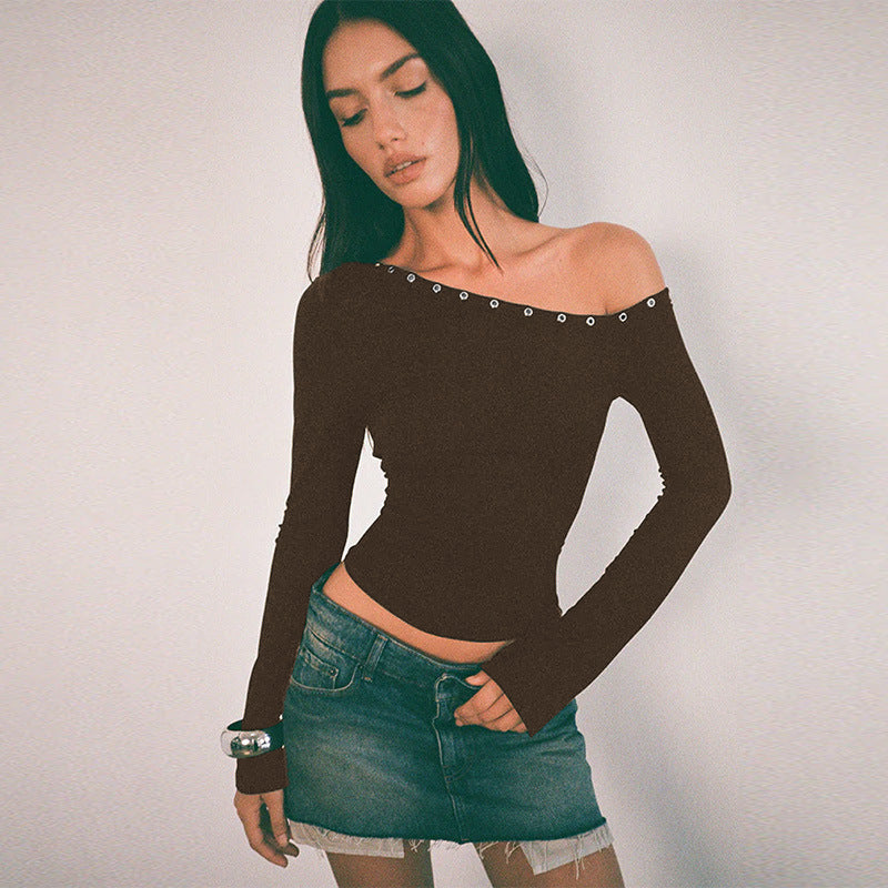 Damen Off-Shoulder Oberteil mit modischen Knöpfen und figurbetontem Schnitt R&B