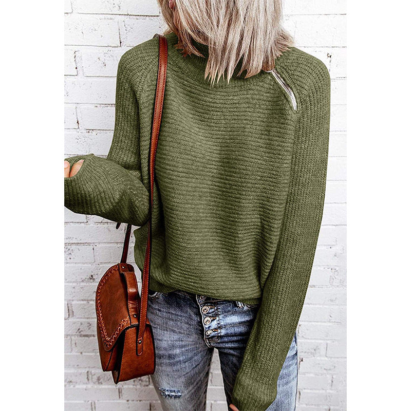Damen lässiger Strickpullover mit hochgeschlossenem Kragen und dekorativen Nähten R&B