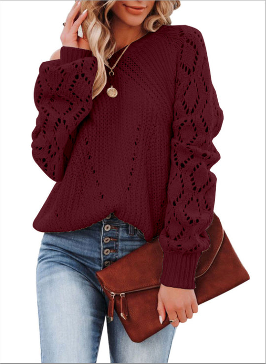 Damen Eleganter Strickpullover mit luftiger Häkelstruktur und weiten Ärmeln R&B