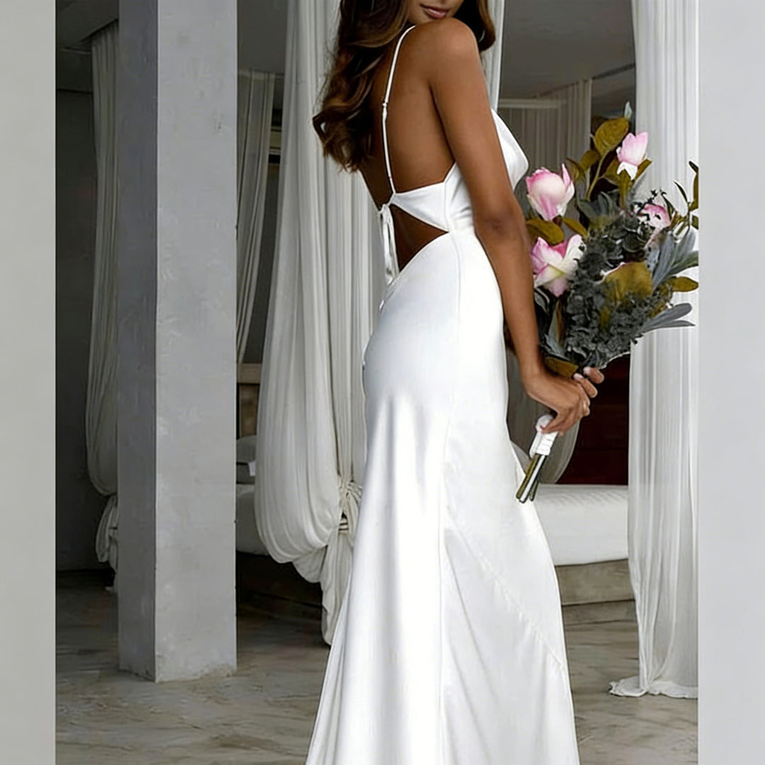 Damen Elegantes Satin-Hochzeitskleid mit tiefem V-Ausschnitt und schmalen Spaghettiträgern R&B