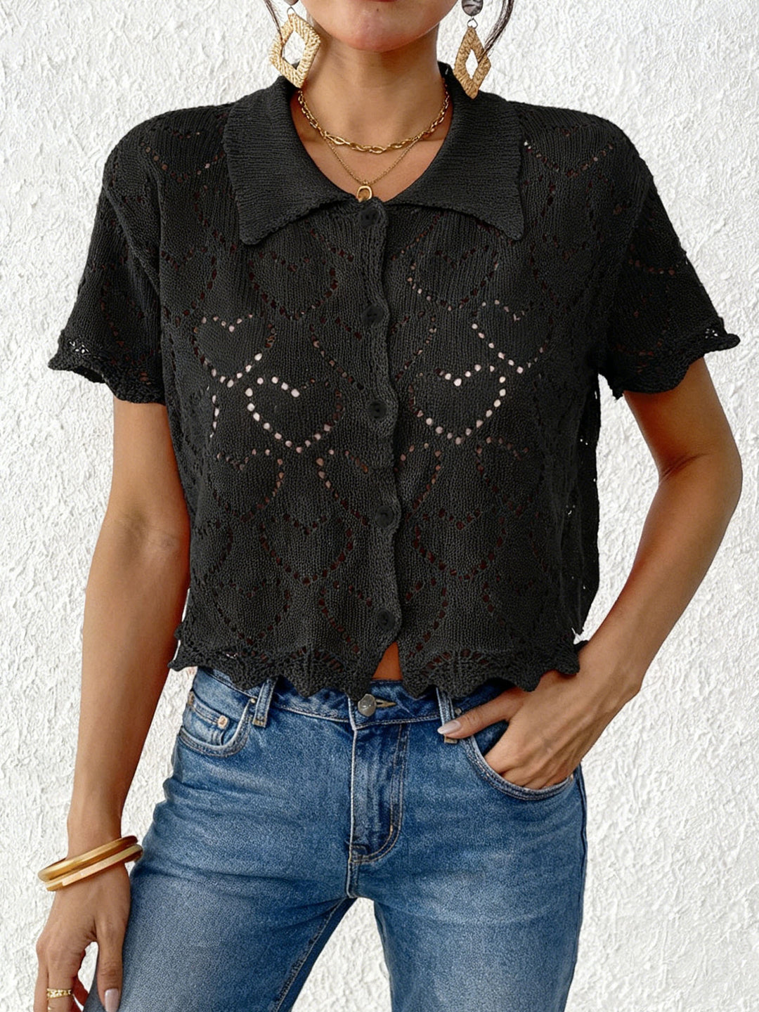 Damen luftiger Häkel-Cardigan mit modischem Lochmuster R&B
