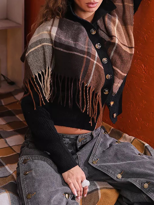Damen eleganter Cardigan mit Fransen und dekorativen Knöpfen R&B