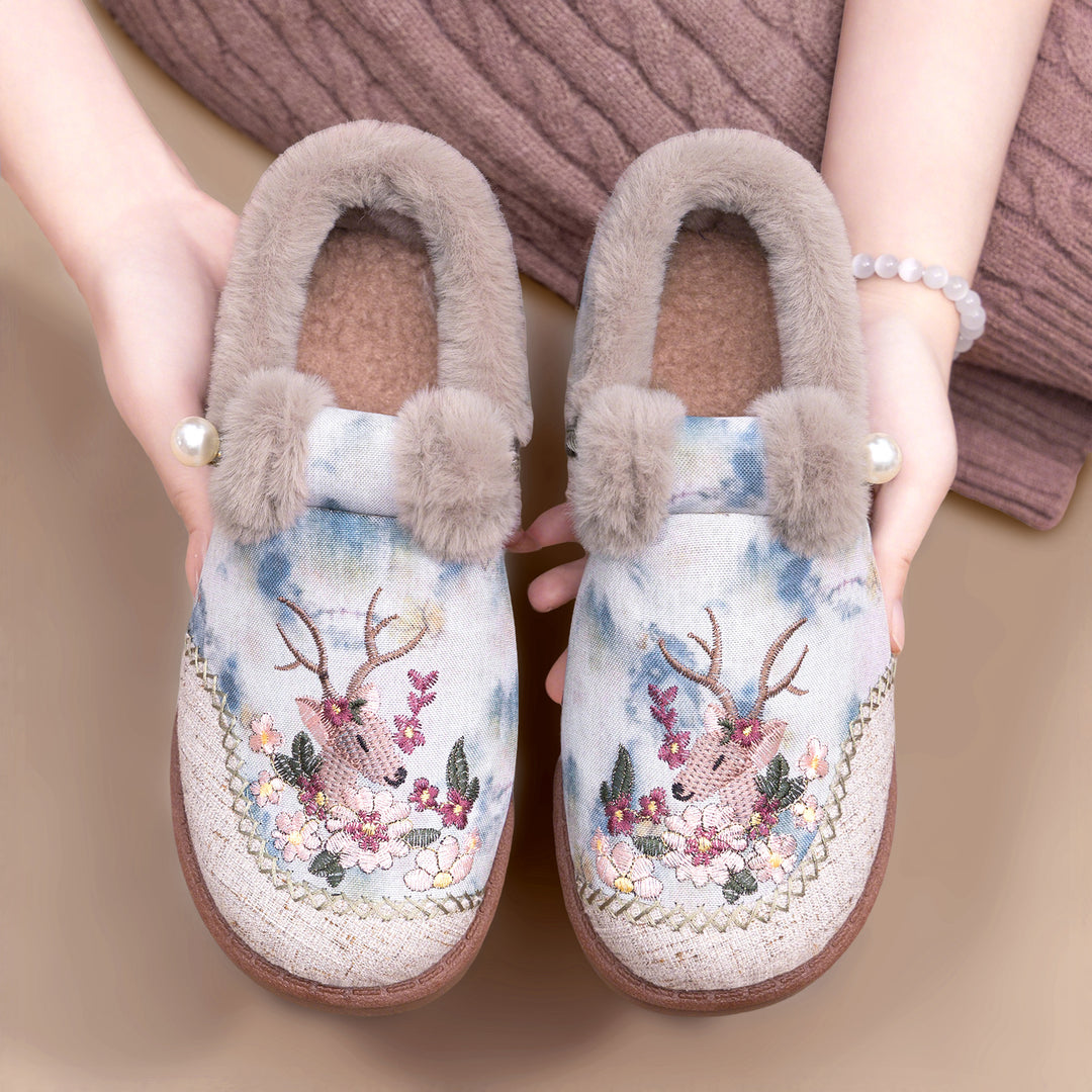 Damen Komfortable Hüttenschuhe mit kuscheligem Innenfutter und dekorativen Stickereien R&B