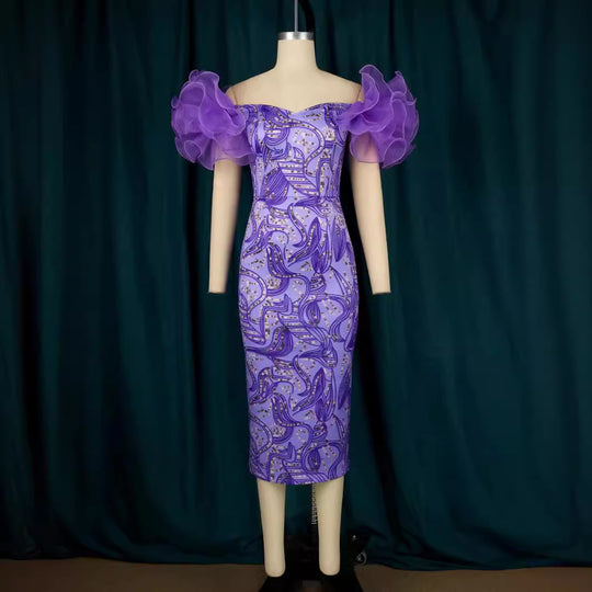 Damen Elegantes Midi-Kleid mit innovativen Puffärmeln und kunstvollem Druck R&B