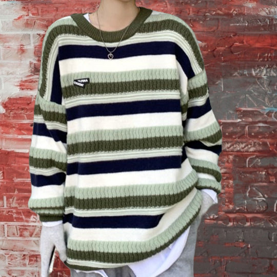Damen lässiger Strickpullover mit raffiniertem Streifenmuster und voluminösen Ärmeln R&B