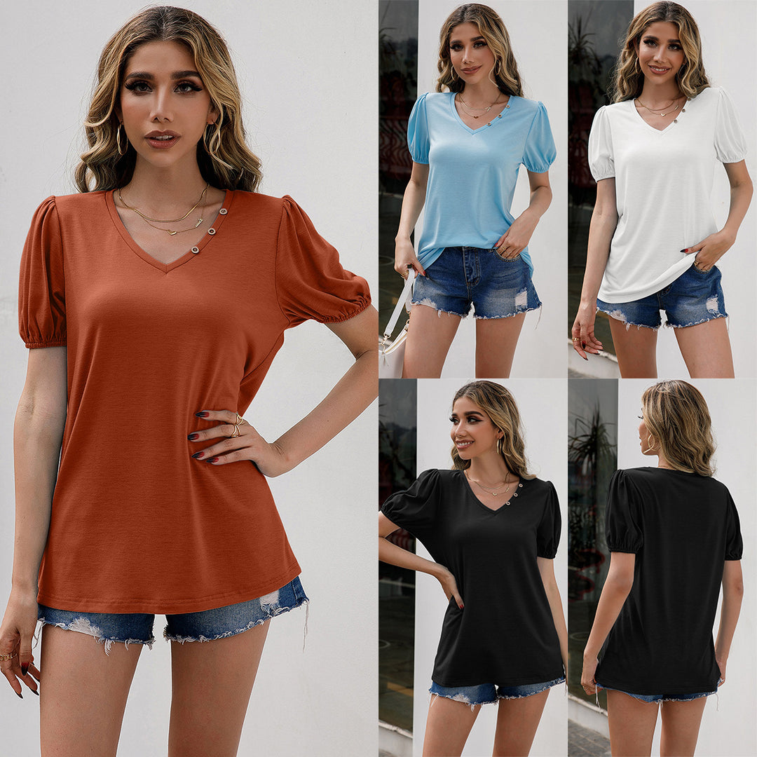 Damen V-Ausschnitt T-Shirt mit modischen Puffärmeln und Knopfdetails R&B