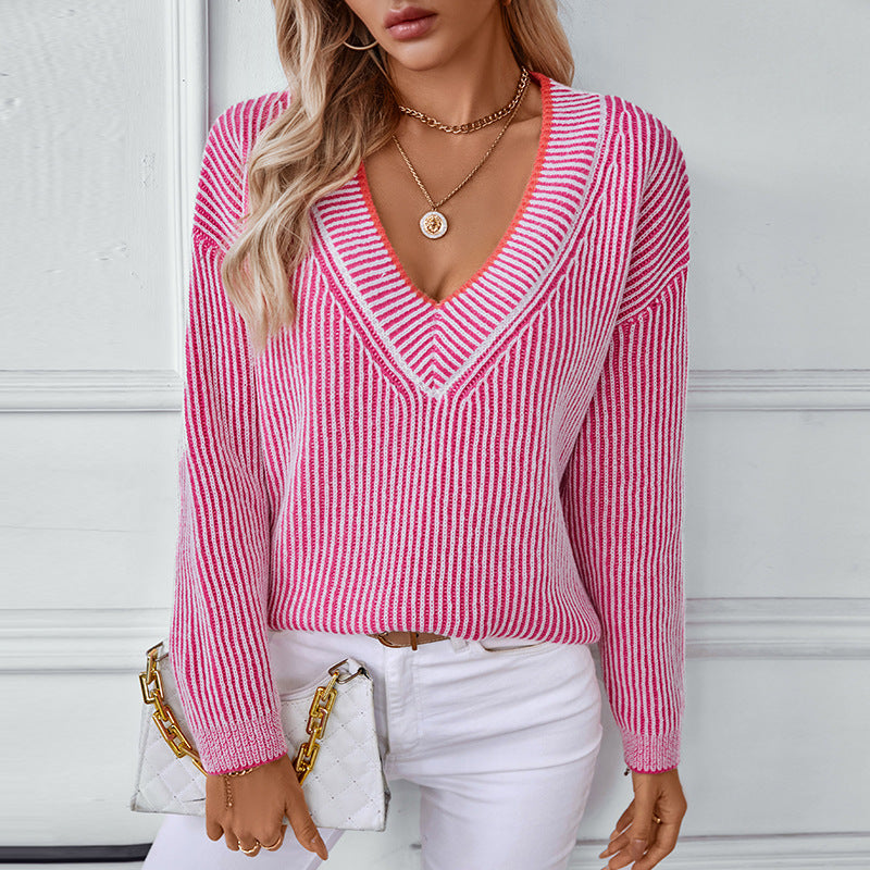 Damen Strickpullover mit V-Ausschnitt und gestreiftem Design R&B
