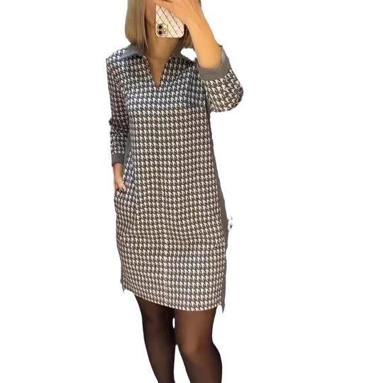 Damen nan Hahnentritt-Strickkleid mit umgelegtem Kragen, V-Ausschnitt, Eingrifftaschen und seitlichen Schlitzen R&B