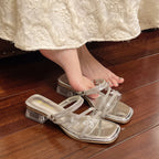 Damen elegante Sandalen mit funkelndem Strassbesatz und transparentem Blockabsatz EB
