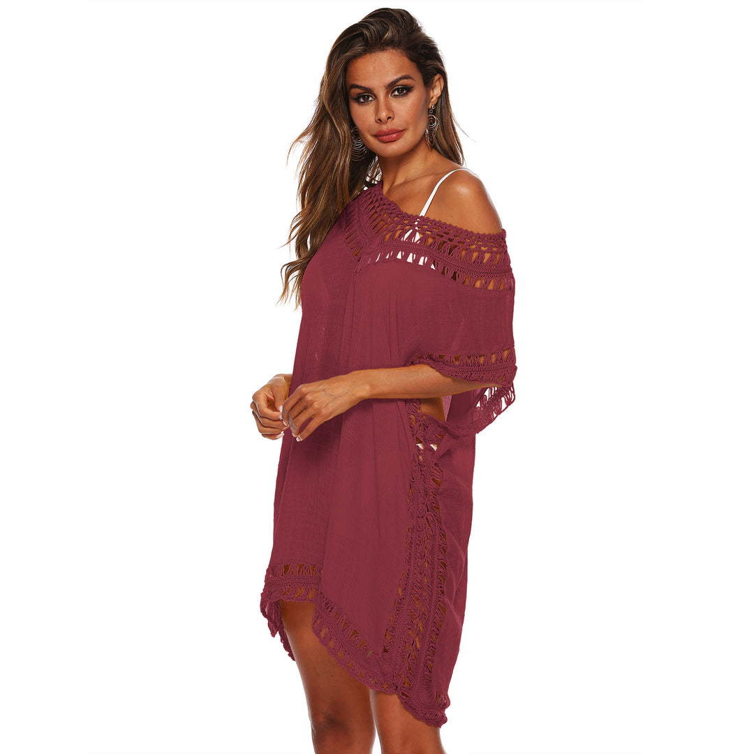 Damen Häkel-Strandüberwurf mit elegantem V-Ausschnitt und fransigen Details R&B