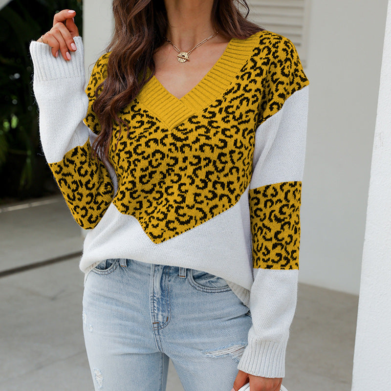 Damen Modischer Pullover mit einzigartigem Leopardenmuster und V-Ausschnitt R&B