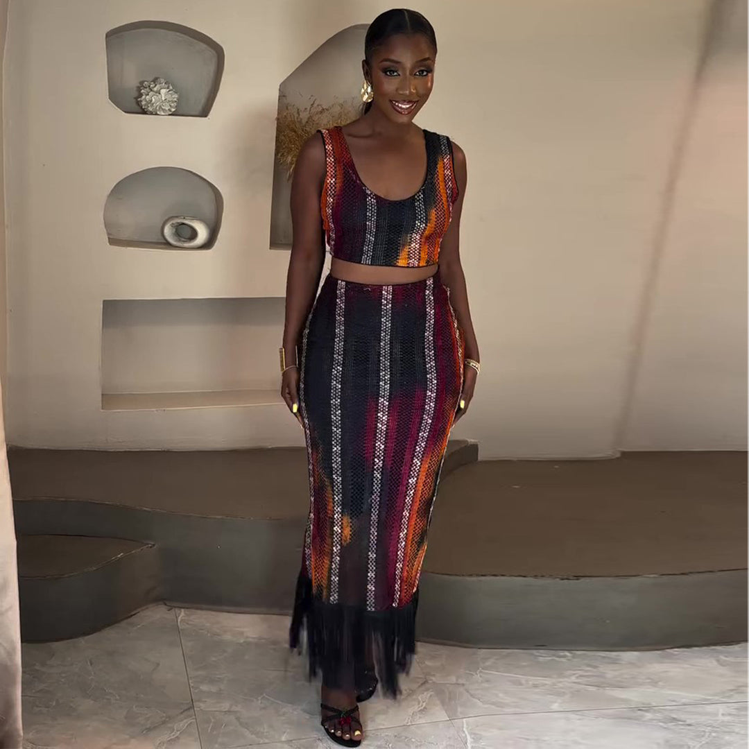 Damen Zweiteiliges Festliches Outfit mit Fransendetails R&B