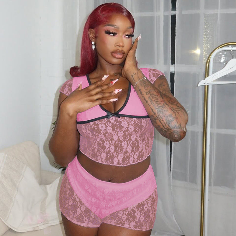 Damen Spitzenoberteil mit Shorts-Set R&B