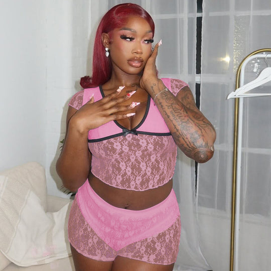 Damen Spitzenoberteil mit Shorts-Set R&B