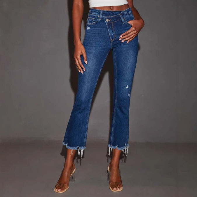 Damen Bootcut Jeans mit fransigem Saum und trendiger Waschung R&B