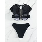 Damen Bikini Oberteil mit transparenten Ärmel und hoch geschnittenem Bund R&B