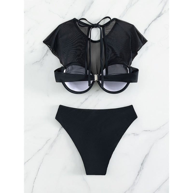 Damen Bikini Oberteil mit transparenten Ärmel und hoch geschnittenem Bund R&B