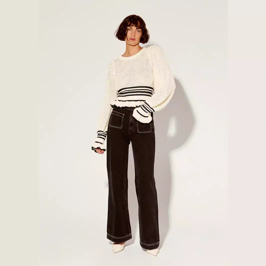 Damen lässiger Strickpullover mit Rüschendetails R&B