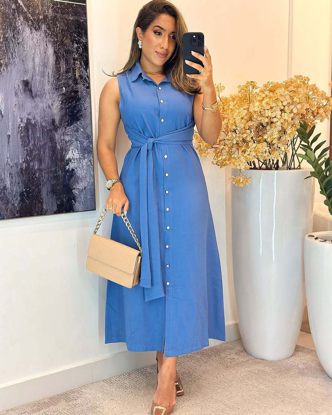 Damen Trägerkleid mit Knoten und Knopfleiste R&B