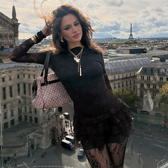 Damen Spitzenkleid mit voluminösen Rüschendetails und langem Arm R&B
