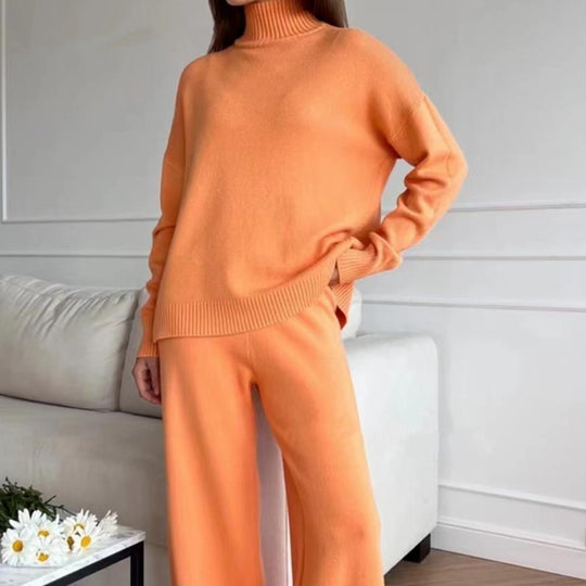 Damen Lässiges Strickset mit hohem Kragen und weitem Bein R&B