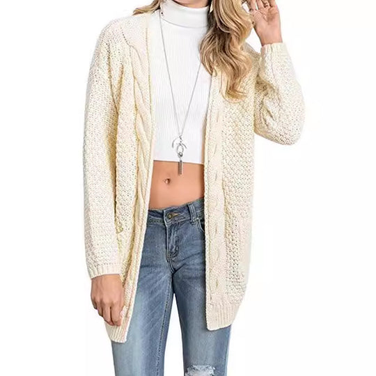 Damen gemütlicher Strickcardigan mit Taschen und Zopfmuster R&B