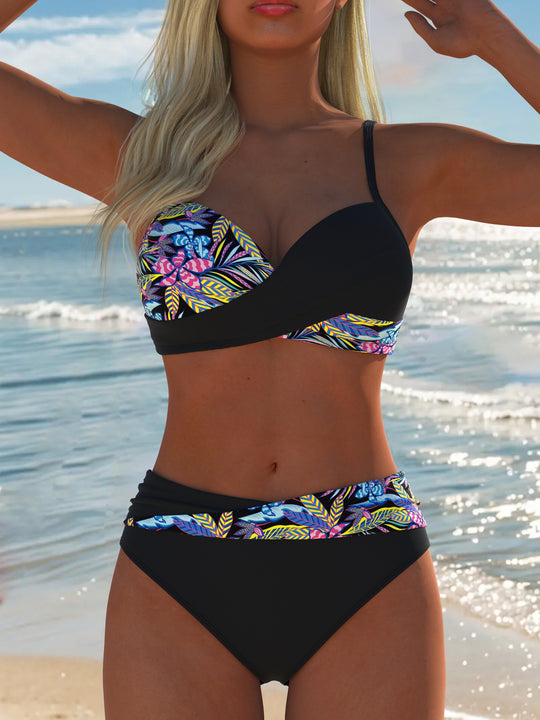 Damen Balconette-Bikini mit trendy Palmendruck und eleganter Ring-Detaillierung R&B