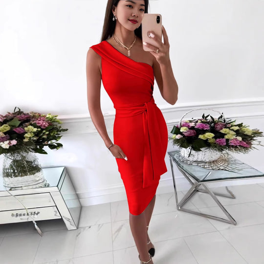 Damen Elegantes Wickelkleid mit asymmetrischem Ausschnitt und Taillengürtel R&B
