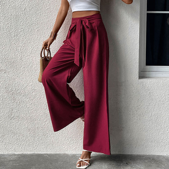 Damen Weite High-Waist-Hose mit Schleifenbund und Faltenwurf R&B