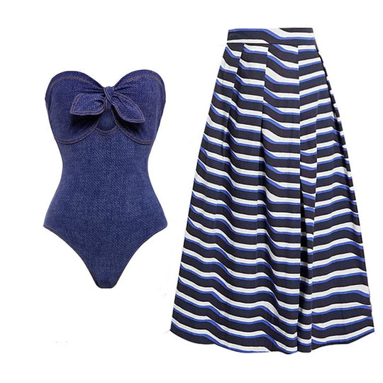 Damen Bandeau Badeanzug mit dekorativen Schleifen und gestreiftem Maxiröckchen R&B