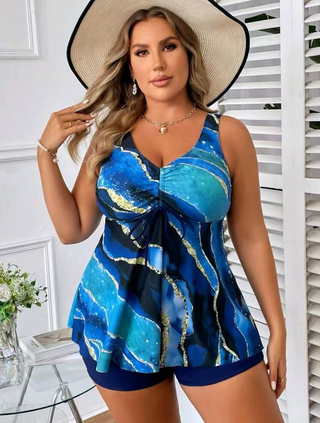 Damen Tankini mit modischer Raffung und lässigen Shorts R&B