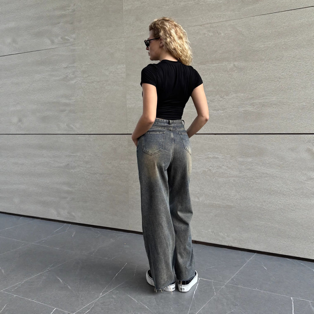 Damen Lässige Baqugy-Jeans mit modischen Rissdetails und Gürtel R&B