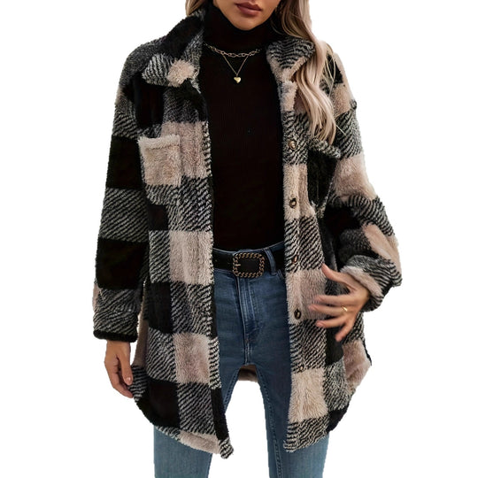 Damen Teddyjacke mit kariertem Muster und weichem Fell R&B