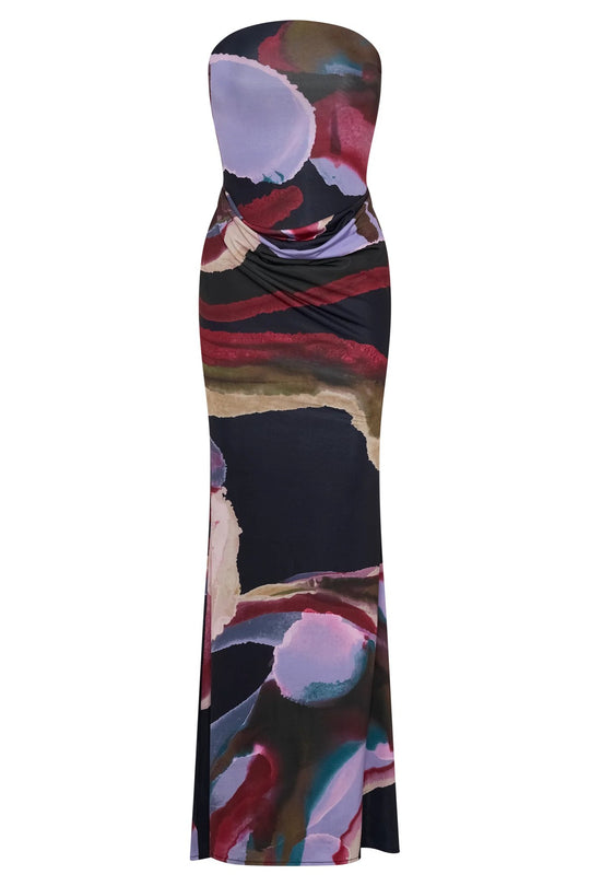 Damen Strapless Maxikleid mit fließendem Stoff und kunstvollem Druck R&B