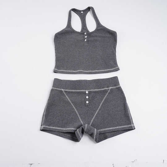Damen Sportliches Top und Shorts-Set mit Knopfdetails R&B