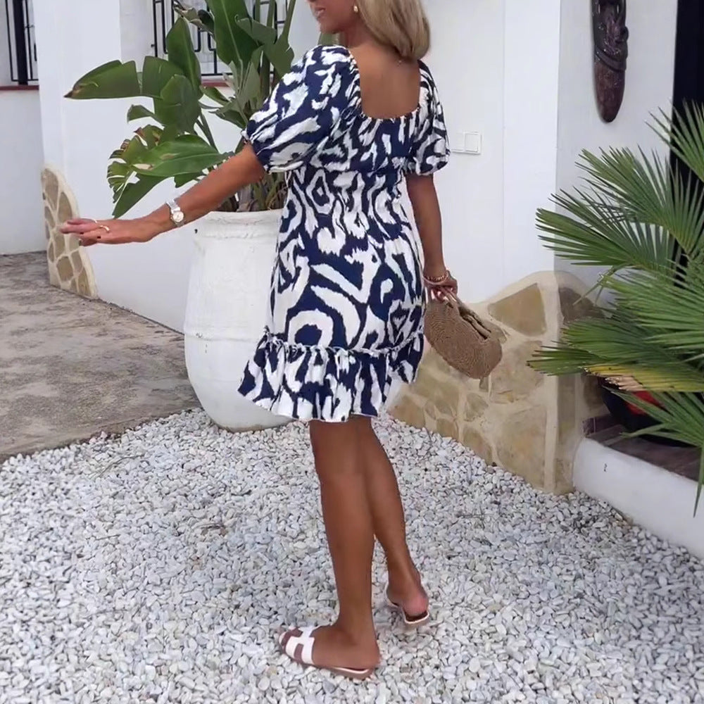 Damen nan Kurzschnitt-Sommerkleid mit quadratischem Ausschnitt, Puffärmeln und Volant-Saum R&B