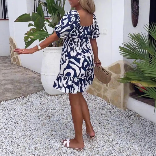 Damen nan Kurzschnitt-Sommerkleid mit quadratischem Ausschnitt, Puffärmeln und Volant-Saum R&B