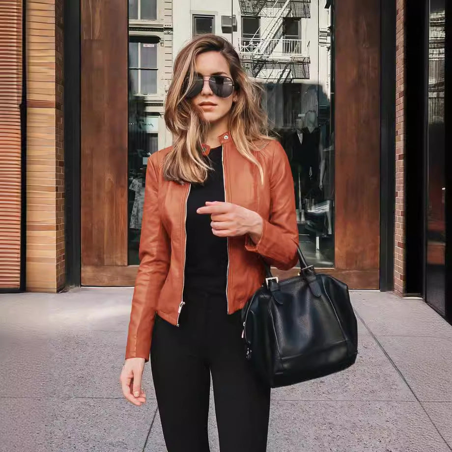 Damen nan schmal geschnittene Lederjacke mit Stehkragen und Zwei-Wege-Reißverschluss R&B