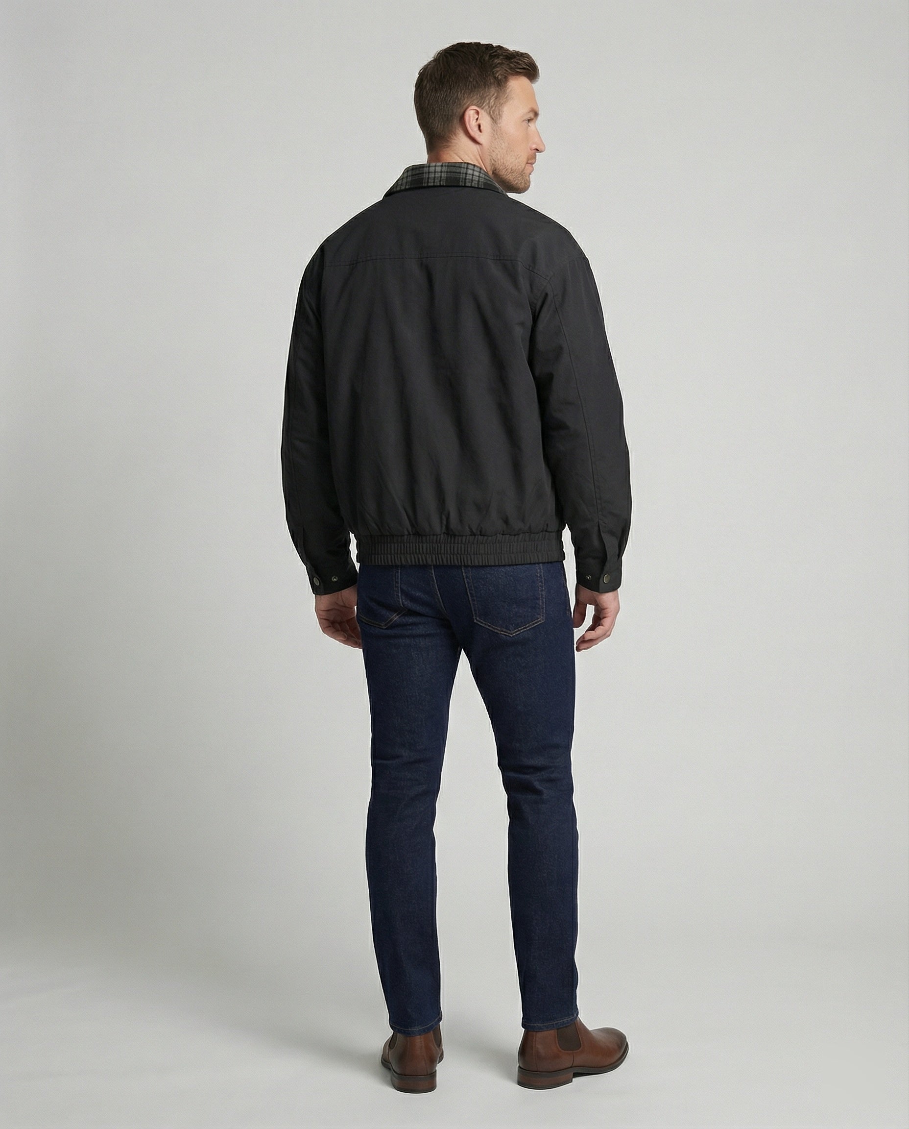 Herren gefütterter Blouson mit kariertem Innenfutter Hemdkragen Elastischer Saum und Druckknopfverschluss R&B