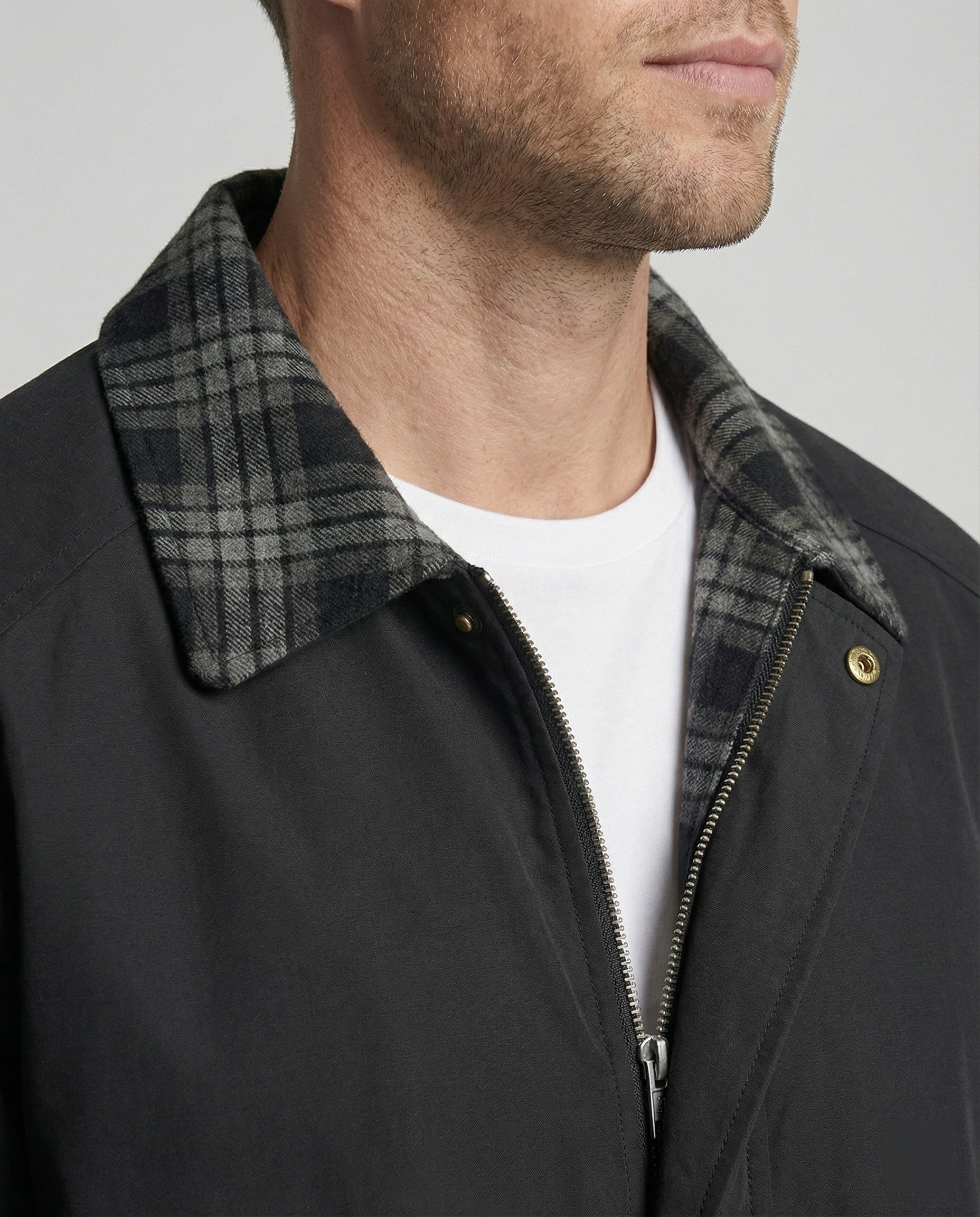 Herren gefütterter Blouson mit kariertem Innenfutter Hemdkragen Elastischer Saum und Druckknopfverschluss R&B