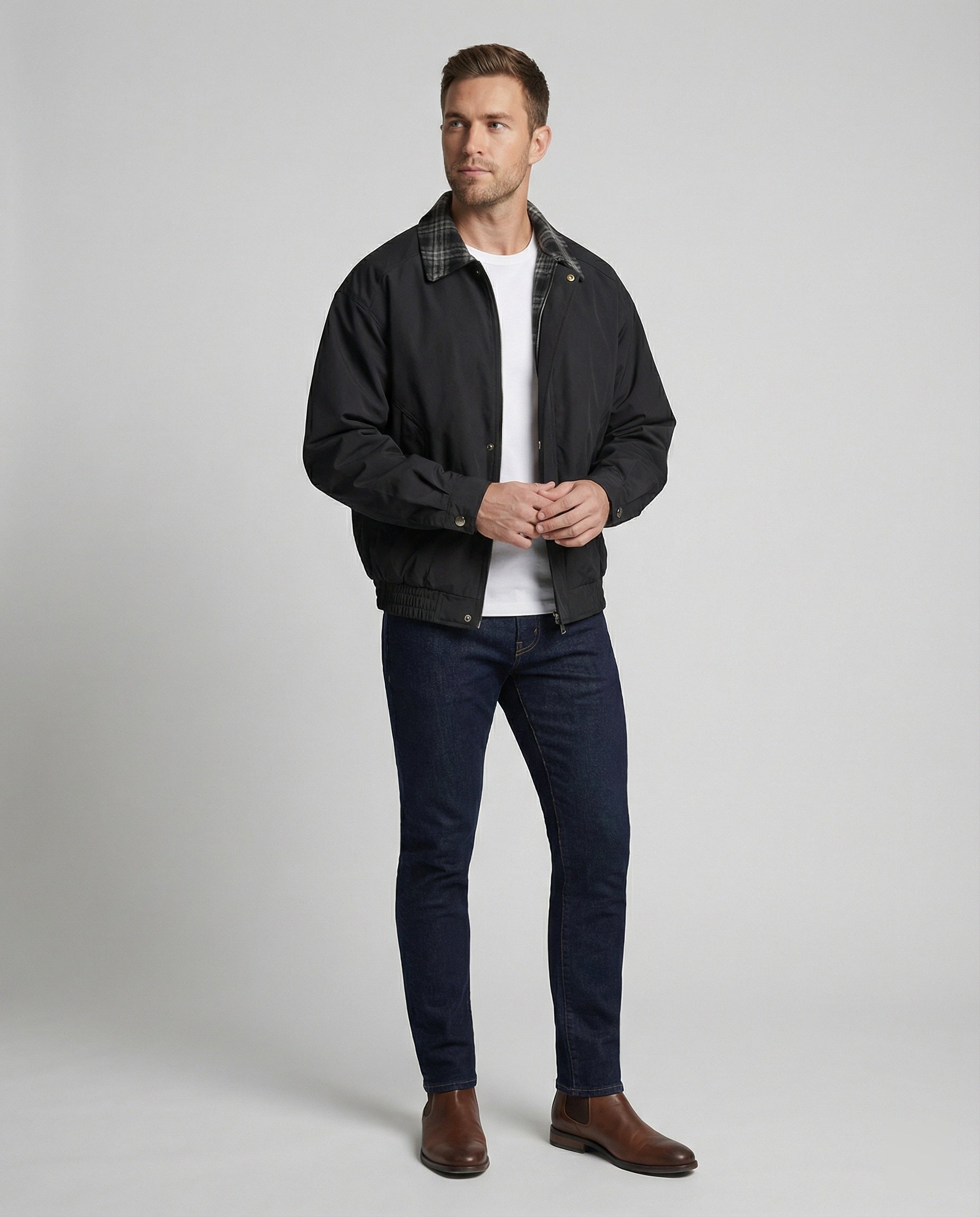 Herren gefütterter Blouson mit kariertem Innenfutter Hemdkragen Elastischer Saum und Druckknopfverschluss R&B