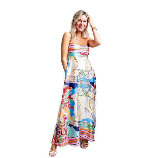 Damen Sommerliches Maxikleid mit auffälligem Grafikdesign und Spaghettiträgern R&B