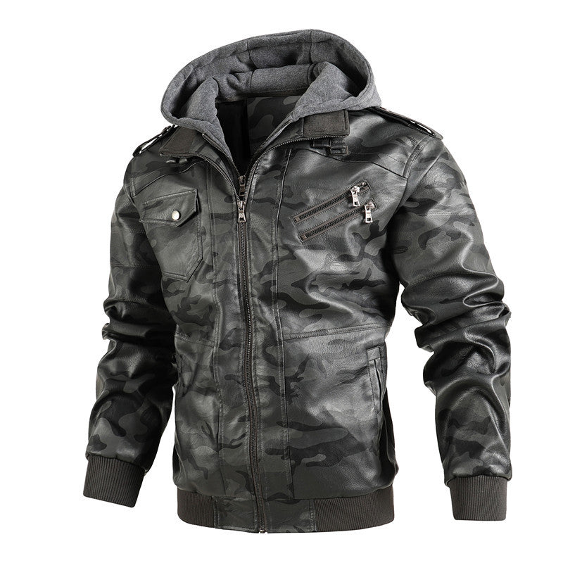 Herren Kunstlederjacke mit abnehmbarer Kapuze und multifunktionalen Taschen R&B
