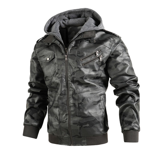 Herren Kunstlederjacke mit abnehmbarer Kapuze und multifunktionalen Taschen R&B
