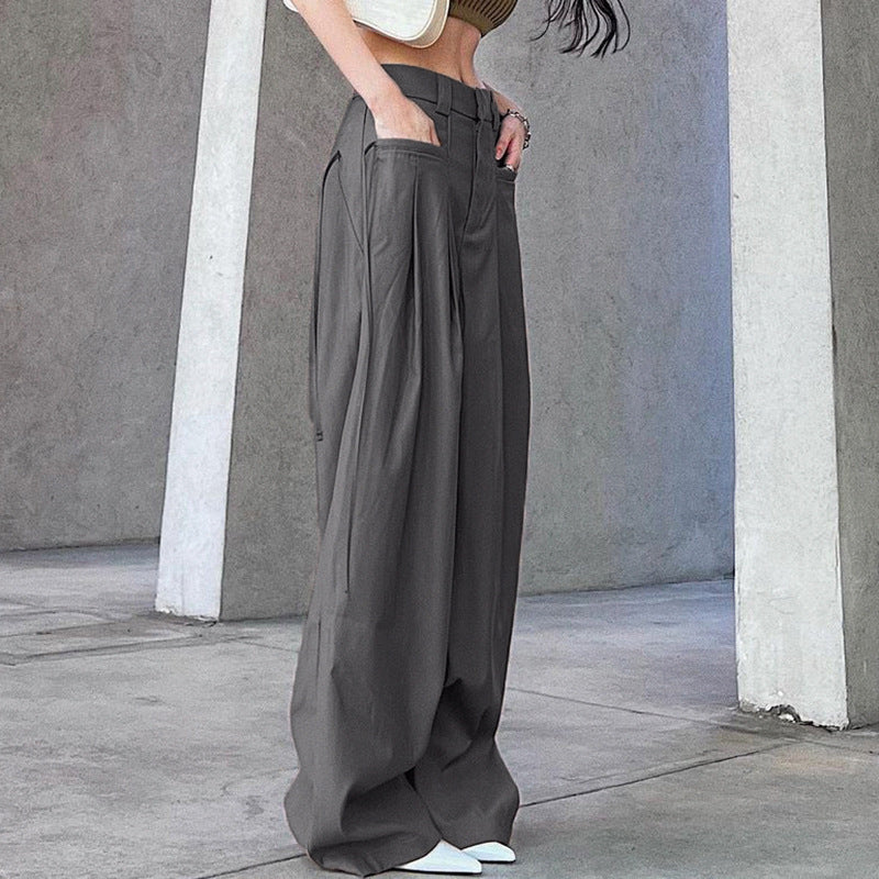 Damen weit geschnittene High-Waist-Hose mit tiefem Bund und eleganten Falten R&B