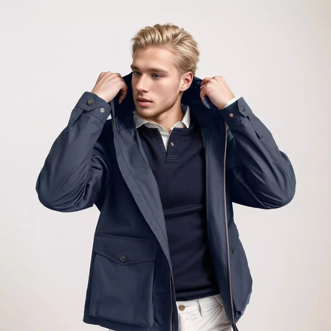 Herren strapazierfähige Multifunktionsjacke mit verstellbarem Kapuzenkragen und großzügigen Taschen R&B