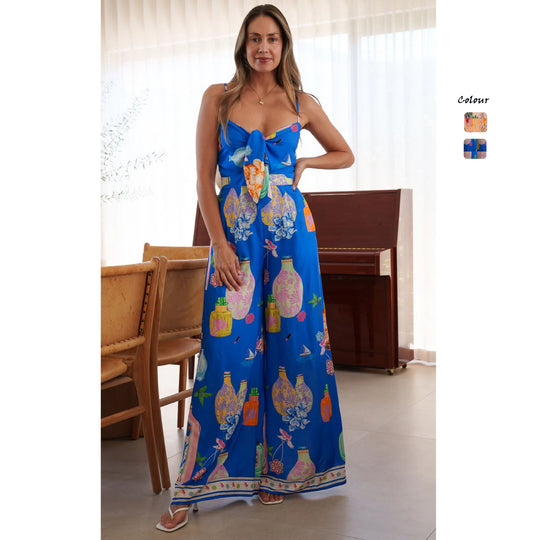 Damen langes Sommerkleid mit verspieltem Dekolleté und buntem Muster R&B