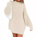 Damen Grobstrick Pulloverkleid mit asymmetrischem Saum und Zopfdesign