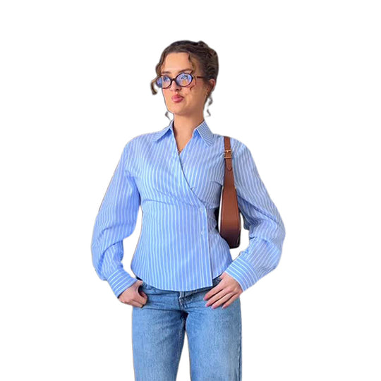 Damen elegante Wickelbluse mit einem modernen Streifenmuster R&B