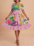 Damen Sommerkleid mit floralem Puffärmel und taillierbarem Gürtel EB